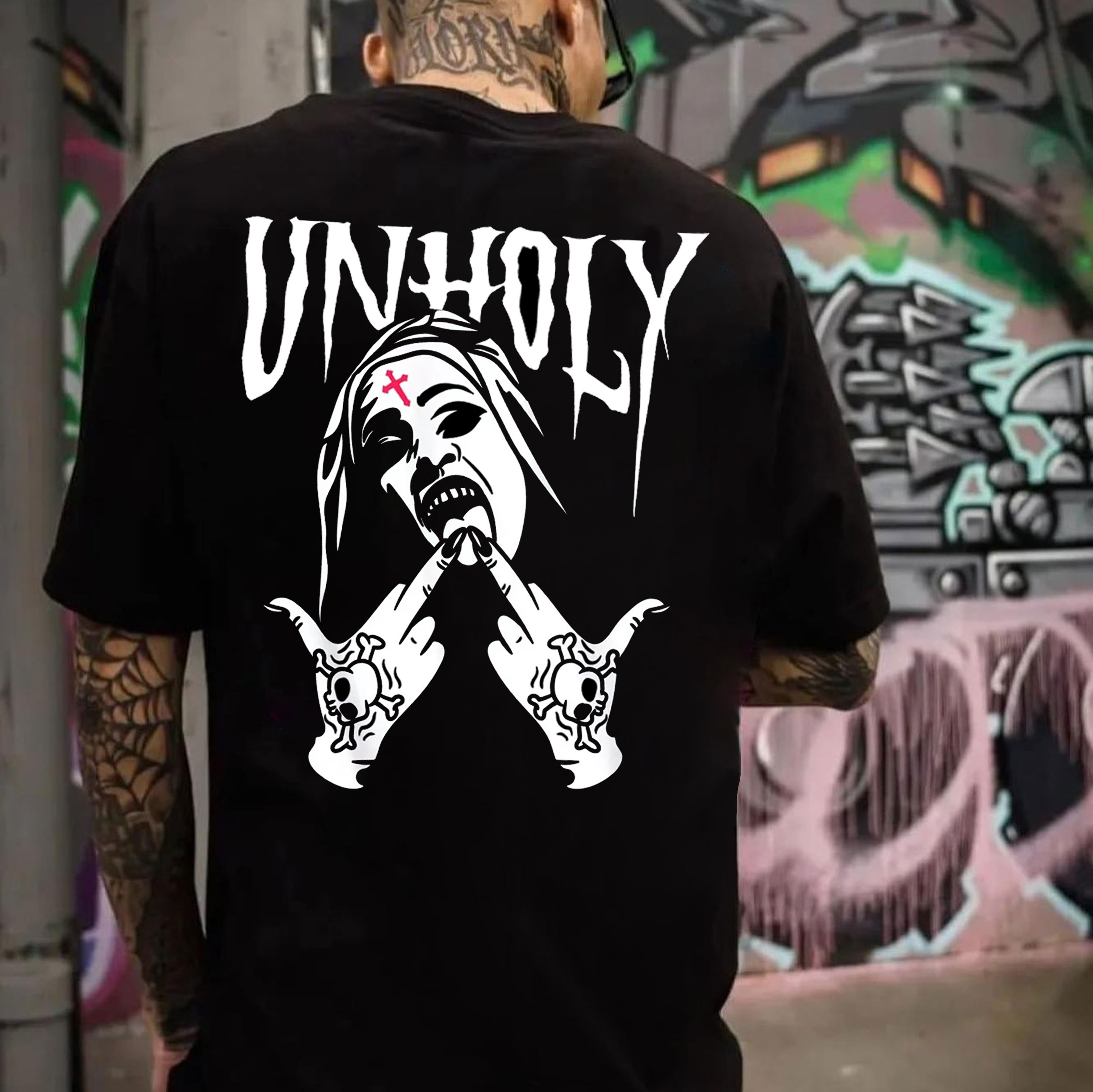 UNHOLY Nun with Skull Tattoo lack Print T-shirt