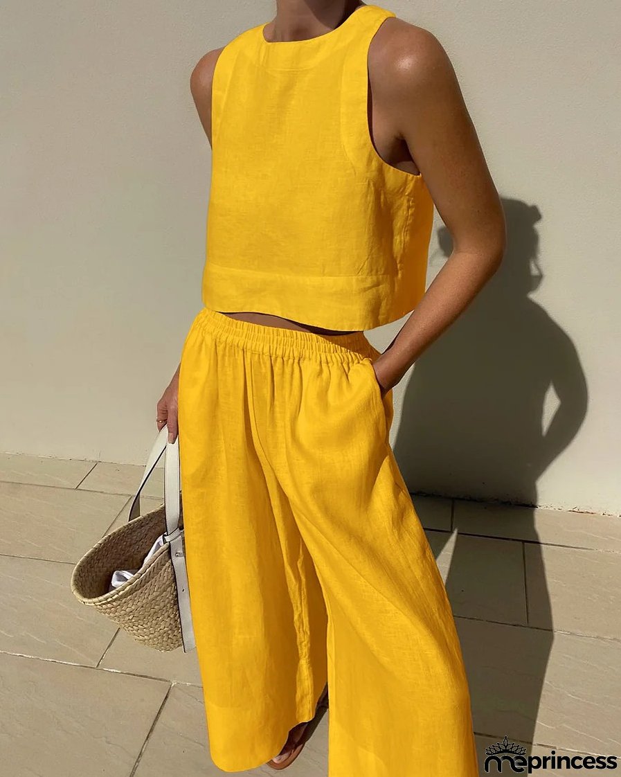 Women's Casual Set Loose Solid Color Sleeveless Shirt and Wide Leg Trousers Two-Piece Set