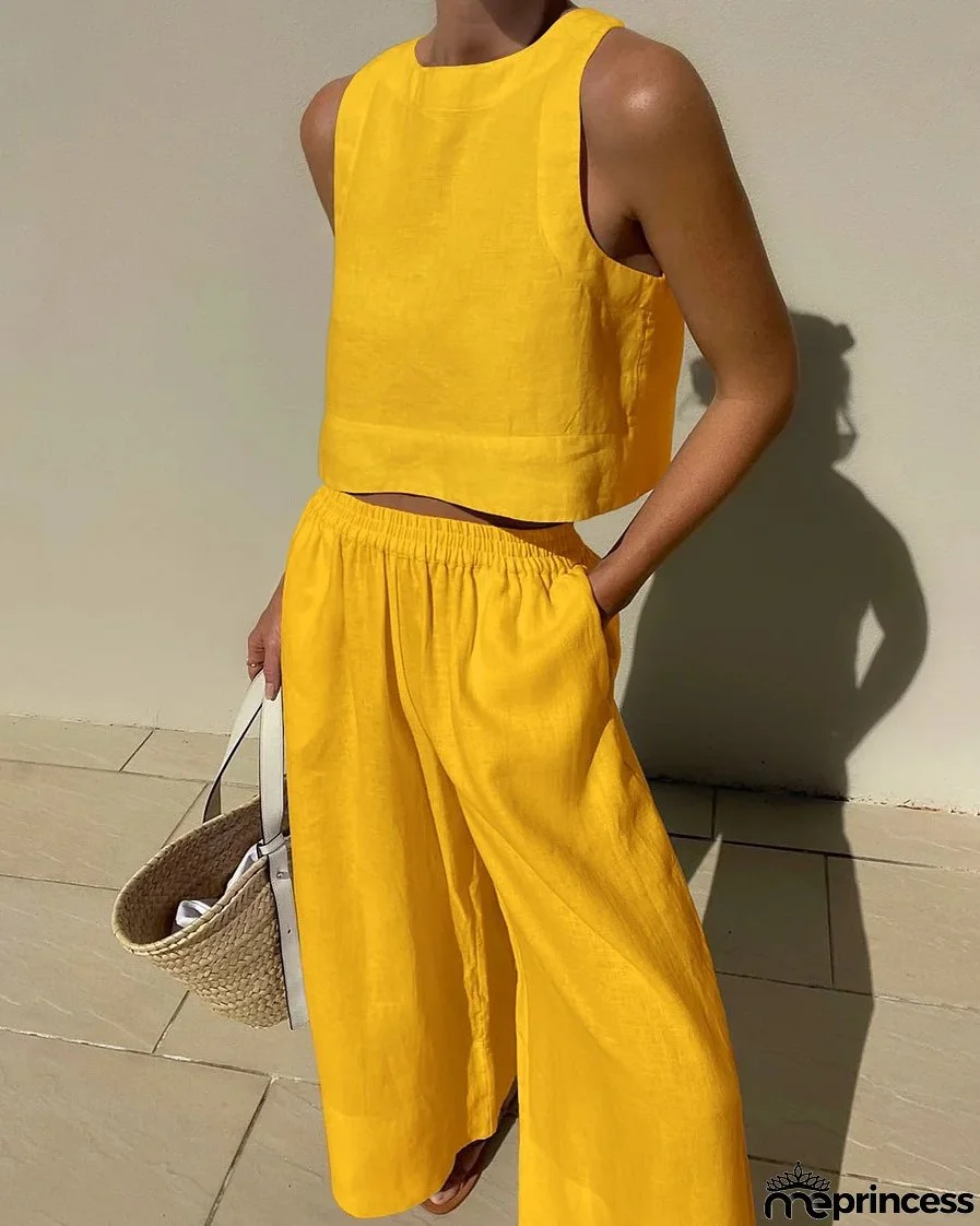 Women's Casual Set Loose Solid Color Sleeveless Shirt and Wide Leg Trousers Two-Piece Set