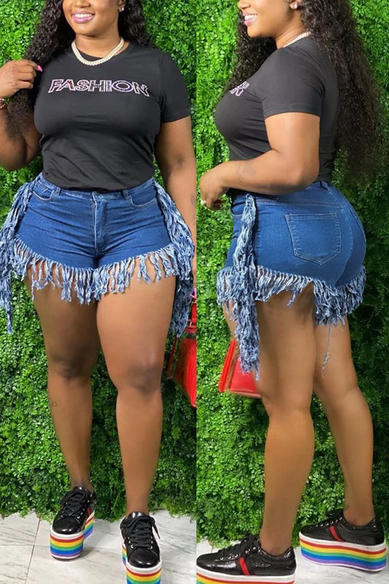 Dark Blue Tassel Design Distressed Denim | EGEMISS