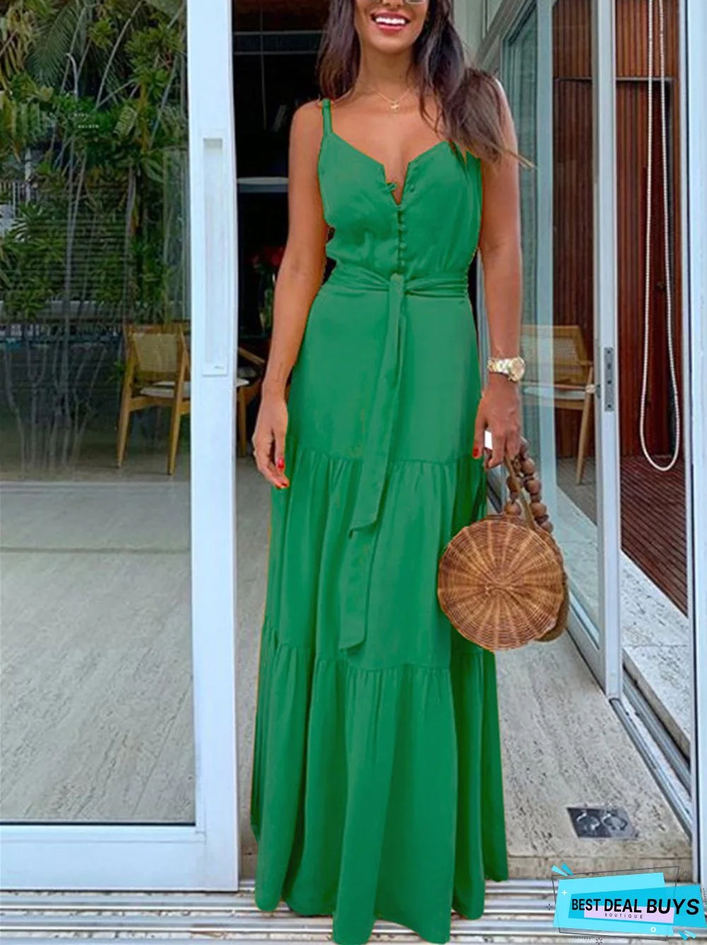 Temperament V-Neck Medium Long Suspender Solid Color Dress