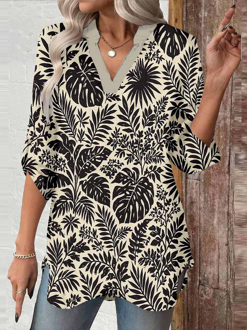 Women Leaves, Black, Khaki DZGA0169 3/4 Sleeve V-neck Printed Graphic Button Tops