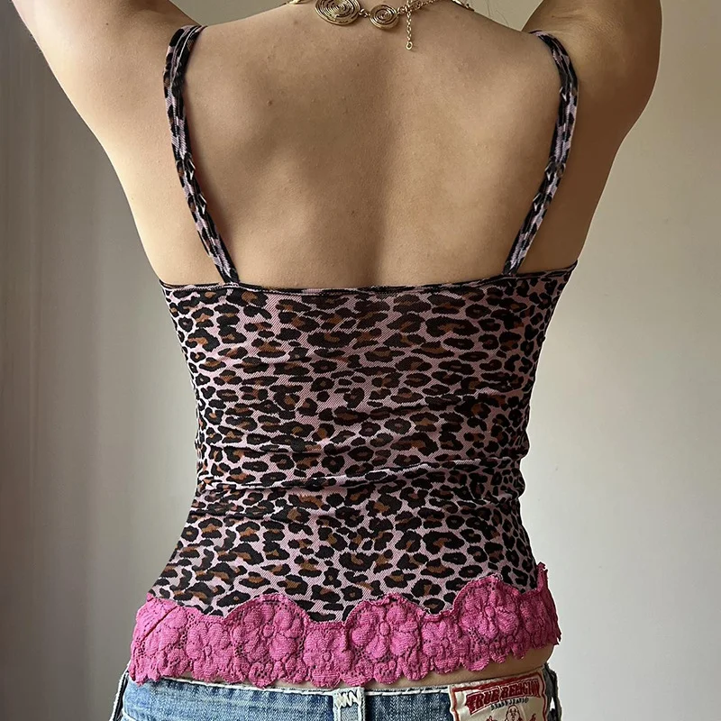 Toloer Toloer Hot Girl Wind Lace Splicing Leopard Grain Three-Dimensional Flower Ter V Collar Wood Ear Slim Vest-Outfit Ideas