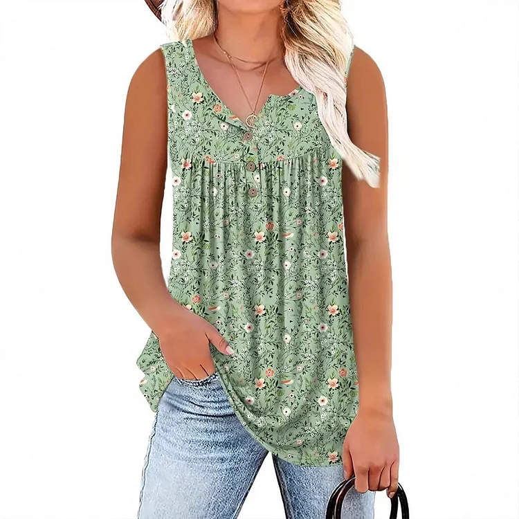 👚 50% RABATT! 🌸 &Auml;rmelloses Top mit Print & Kn&ouml;pfen f&uuml;r Damen &ndash; Leichter Stoff, L&auml;ssiger Look & Perfekt F&uuml;r Warme Tage ☀️