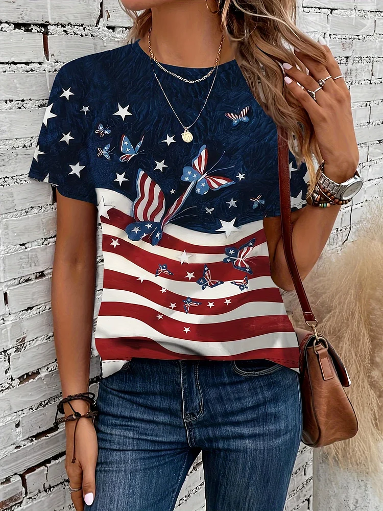 Women's American Flag & Butterfly Print Crew Neck T-Shirt - Casual Short Sleeve Spring/Autumn Top, Machine Washable Regular Fit Patriotic Design With Vibrant Colors, Spring Fashion Top, Stylish Graphic Tee, Durable Construction, Printed Top