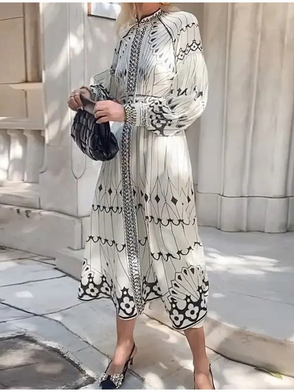 Women'S Palace Style Elegant Long Sleeve Printed Swing Dress