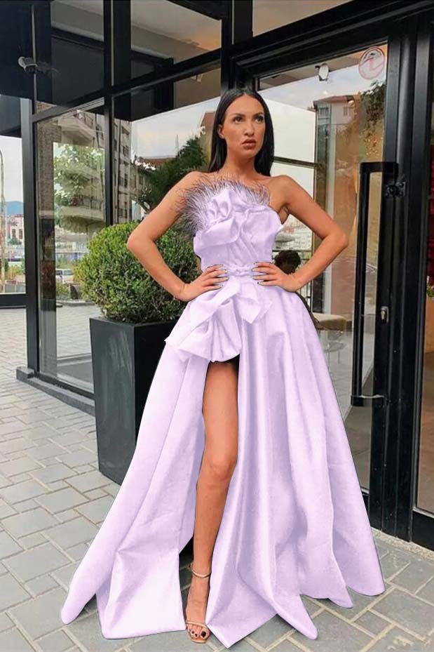 Lvs&Broner Black Strapless Sleeveless Long A-Line Prom Dress Split With Feathers