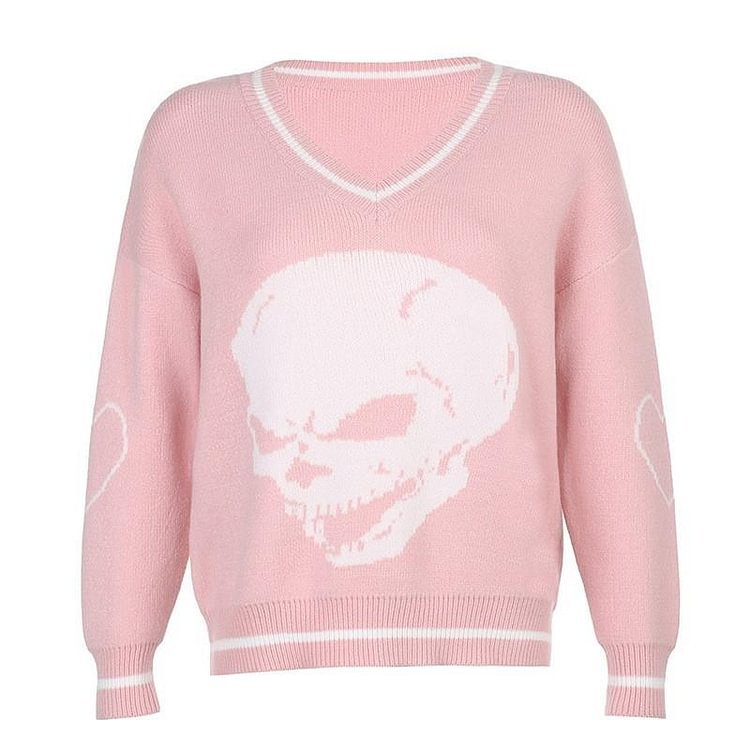 Mayoulove Women's Sweaters Skull Knit V Neck Casual Short Pullover Sweater-Mayoulove