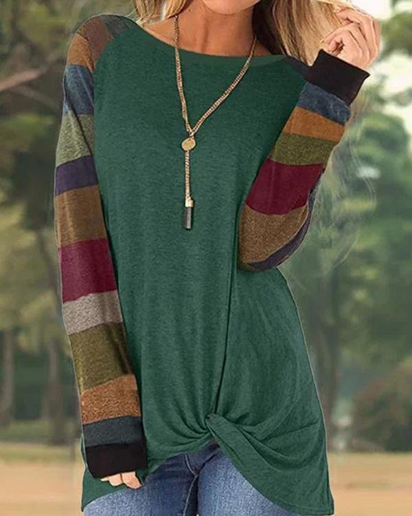 Casual Color-Block Striped Long Sleeve T-Shirts