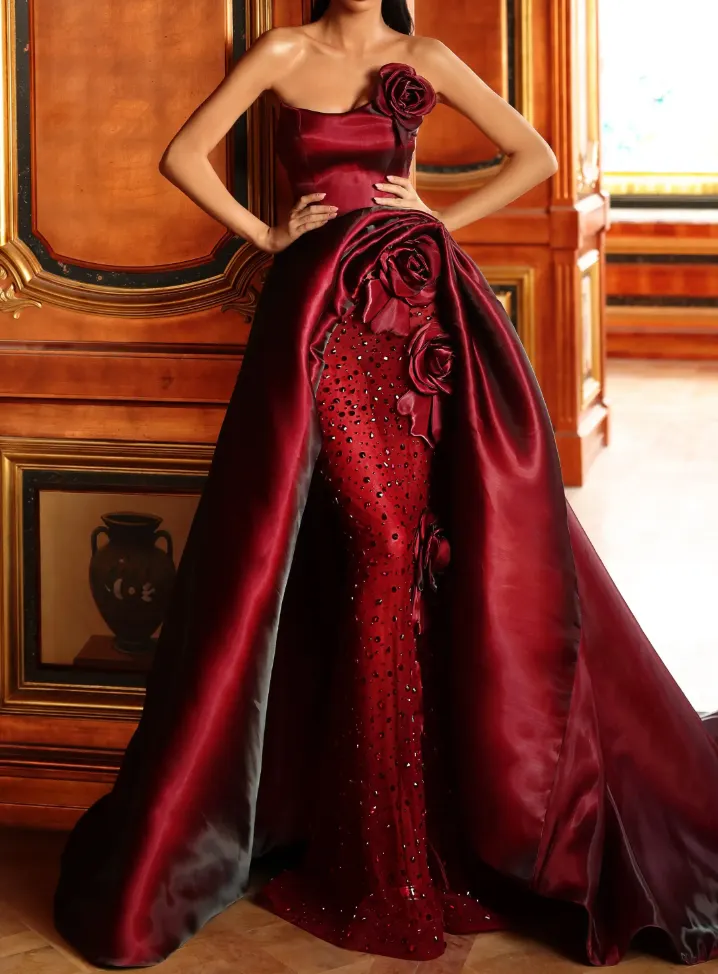 Luxury Floral Appliqu&eacute; Prom Gown in Burgundy