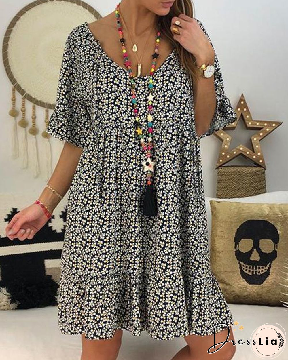 Casual Floral Printed Crew Neck Short Sleeve Plus Size Dress
