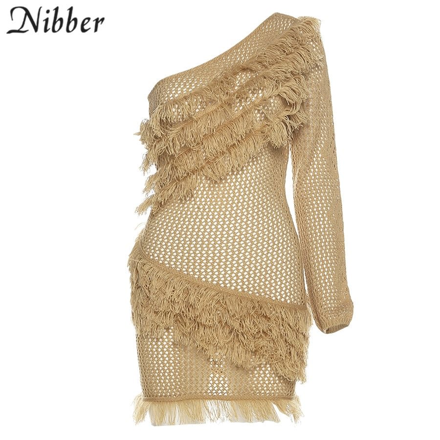Nibber Fashion Retro Style Mini Knitted Dress Single Sleeve Hollow Tassel Design For Sexy Hot Women Vacation Party Clubwear