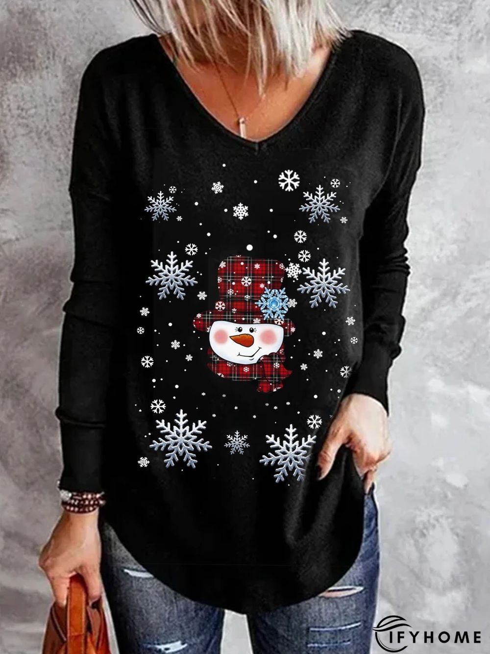 Christmas Snowflake Printed Crew Neck Casual Tunic T-Shirt | IFYHOME