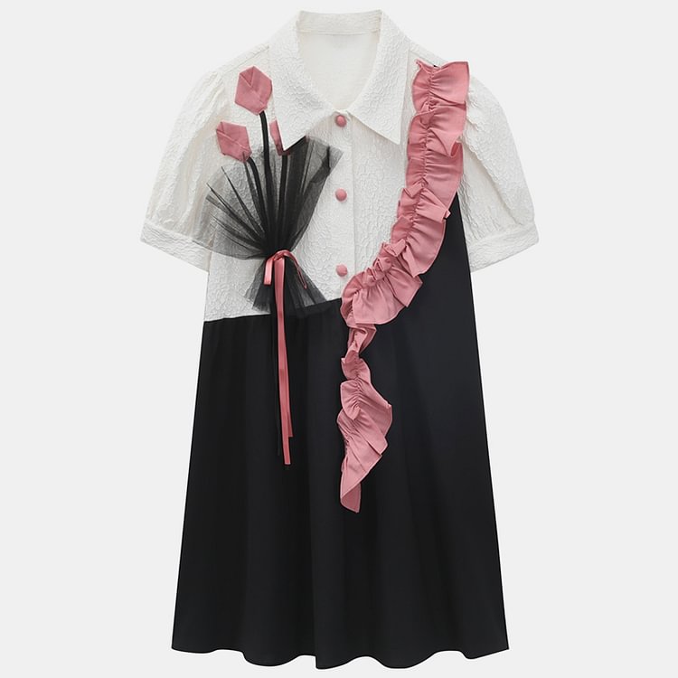 Vintage Puff Sleeve Blossom Lace Colorblock Dress - Modakawa Modakawa