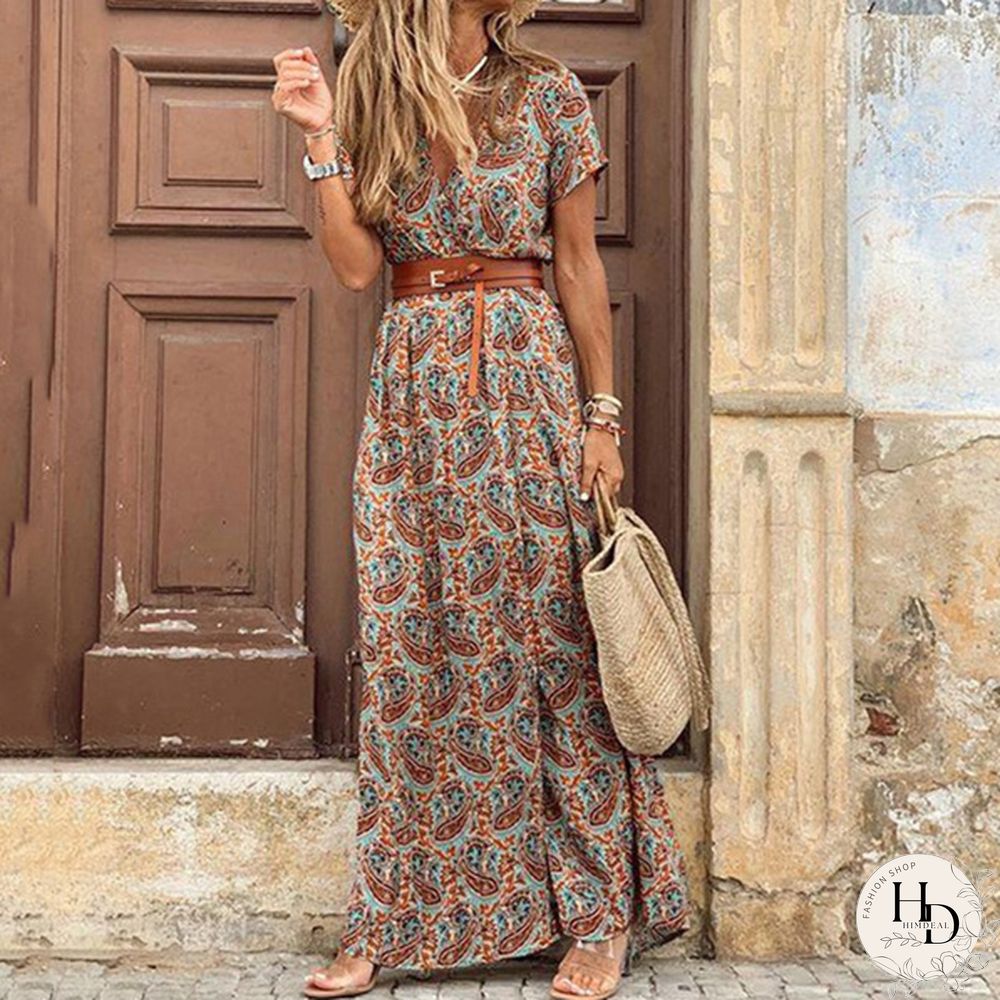 Ladies Summer Sexy Printed Boho Dress with Belt Belt