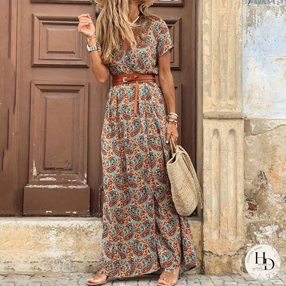 Ladies Summer Sexy Printed Boho Dress with Belt Belt