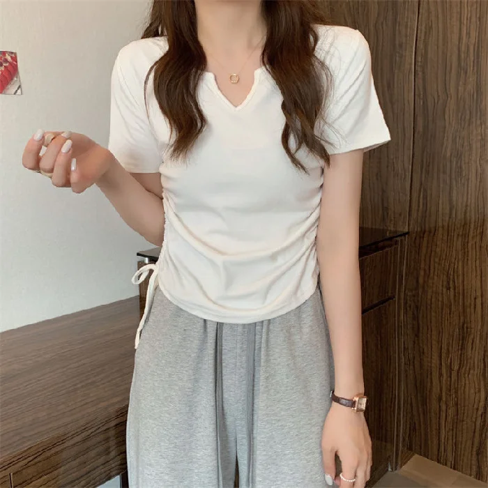 Uveng Uveng Sense V-Neck Draw Rope Slim Pure Desire Wind Short Sleeve T-Shirt Women's Wear 2024 Summer New Solid Color Student Jacket Tide