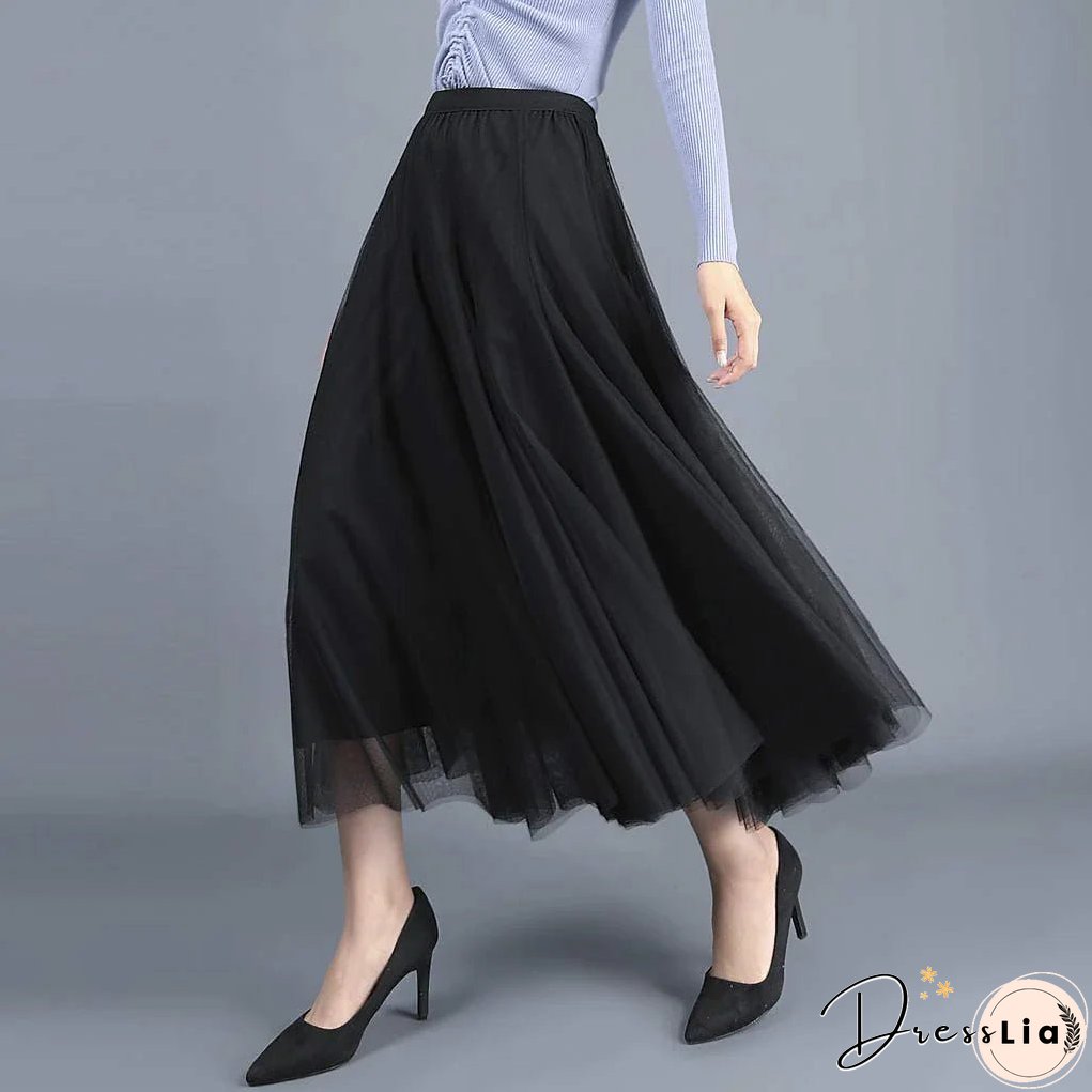 Women's Skirt Swing Tulle Long Skirt Maxi Black Pink Khaki Beige Skirts Pleated Layered Tulle Vintage Elegant Street S M L