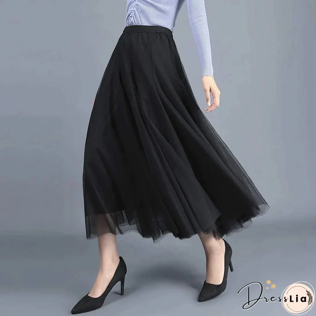 Women's Skirt Swing Tulle Long Skirt Maxi Black Pink Khaki Beige Skirts Pleated Layered Tulle Vintage Elegant Street S M L