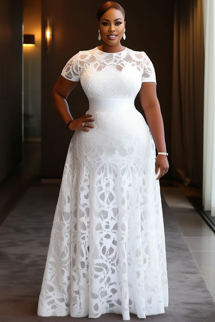 Xpluswear Design Plus Size Wedding White Round Neck Short Sleeve Elegant Guipure Lace Maxi Dresses [Pre-Order]