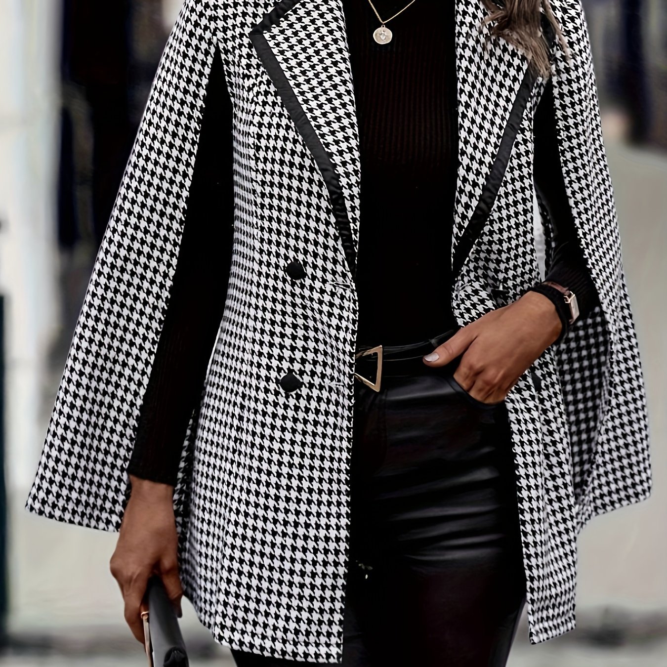Houndstooth Print Double-breasted Blazer, Elegant Cape Sleeve Lapel Blazer For Office & Work, Women's Clothing