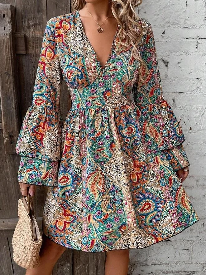 Women's Casual Boho Elegant Flared Sleeve Loose Long Sleeve V Neck Dress 