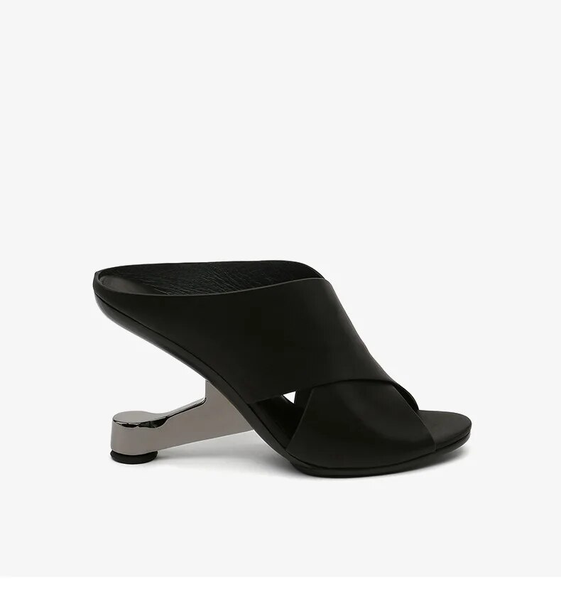 Outdoor Sandals Slippers Metal Heel High Heels Cross Strap Denim Shaped Heel Fish Mouth Shoes Women's Heel Shoes