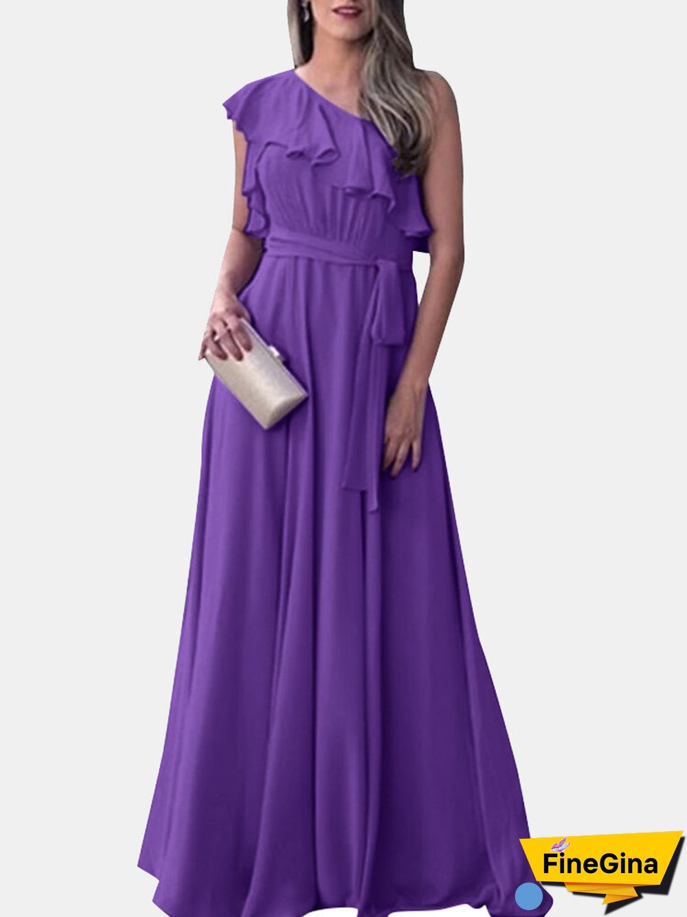 Asymmetrical One Shoulder Ruffle Belt Solid A-line Maxi Dress