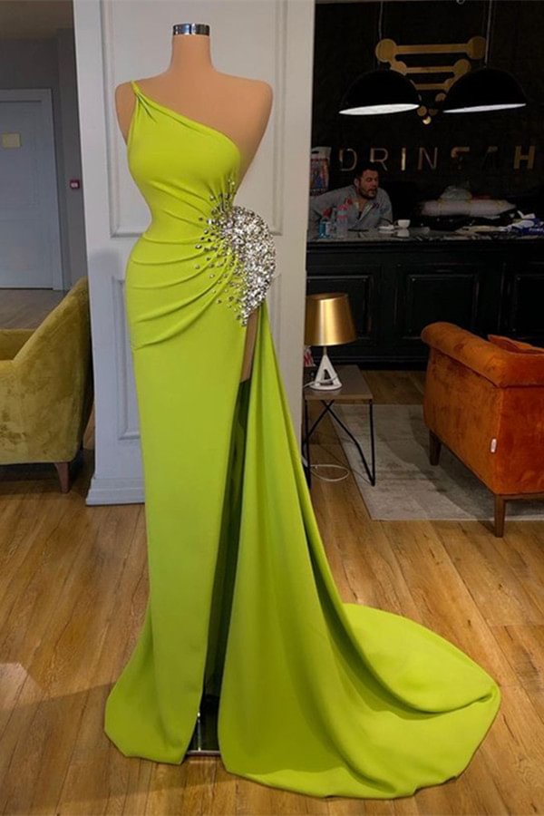 One-Shoulder Sleeveless Green Beadings Mermaid Prom Dress Split | Ballbellas Ballbellas