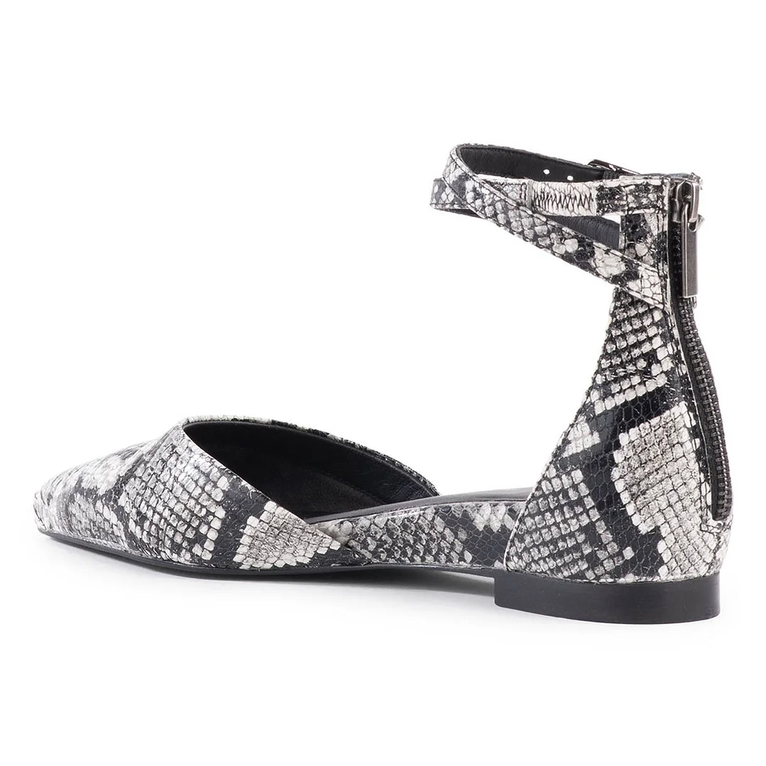 Black & White Pointed Toe Snakeskin Print Flats with Ankle Strap