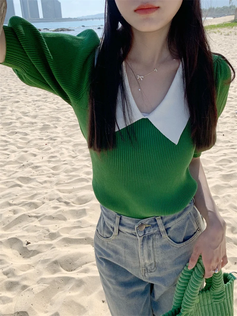 Uveng Uveng Retro Bubble Sleeve Knitted T-Shirt Women Design Small Short Top Summer New Ice T-Shirt Tide