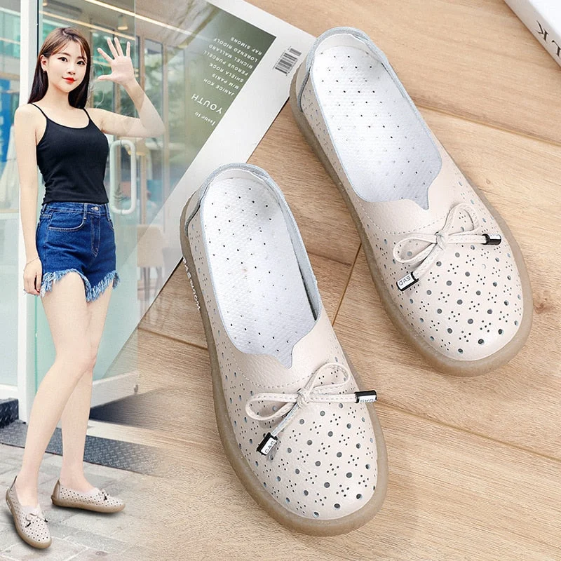 GKTINOO 2021 Genuine Leather Shoes Hollow Out Women Ballet Flats Summer Women's Solid Soft bottom Shoes Woman Slip On Loafers