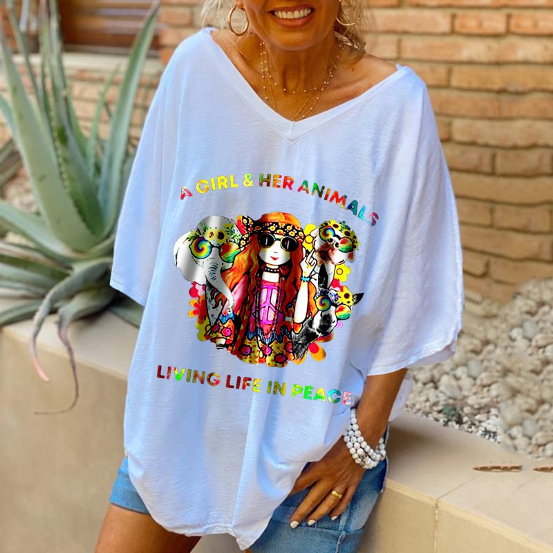 A Girl & Her Aanimals Living Life In Peace Hippies T-shirt