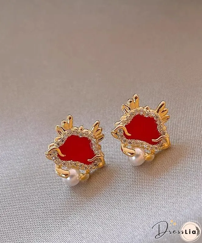 Retro Red Sterling Silver Overgild Zircon Pearl Stud Earrings