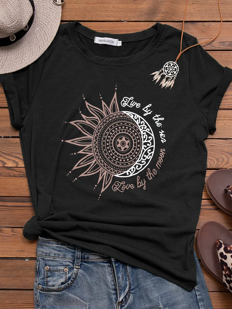Vintage Short Sleeve Sun Letter Printed Plus Size Casual Top