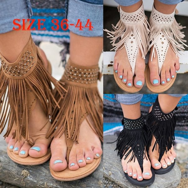 Bohemia Style Womens Summer Tassel Flat Sandals Fashion Beach Sandals Big Size 36-44 - Shop Trendy Women's Fashion | TeeYours