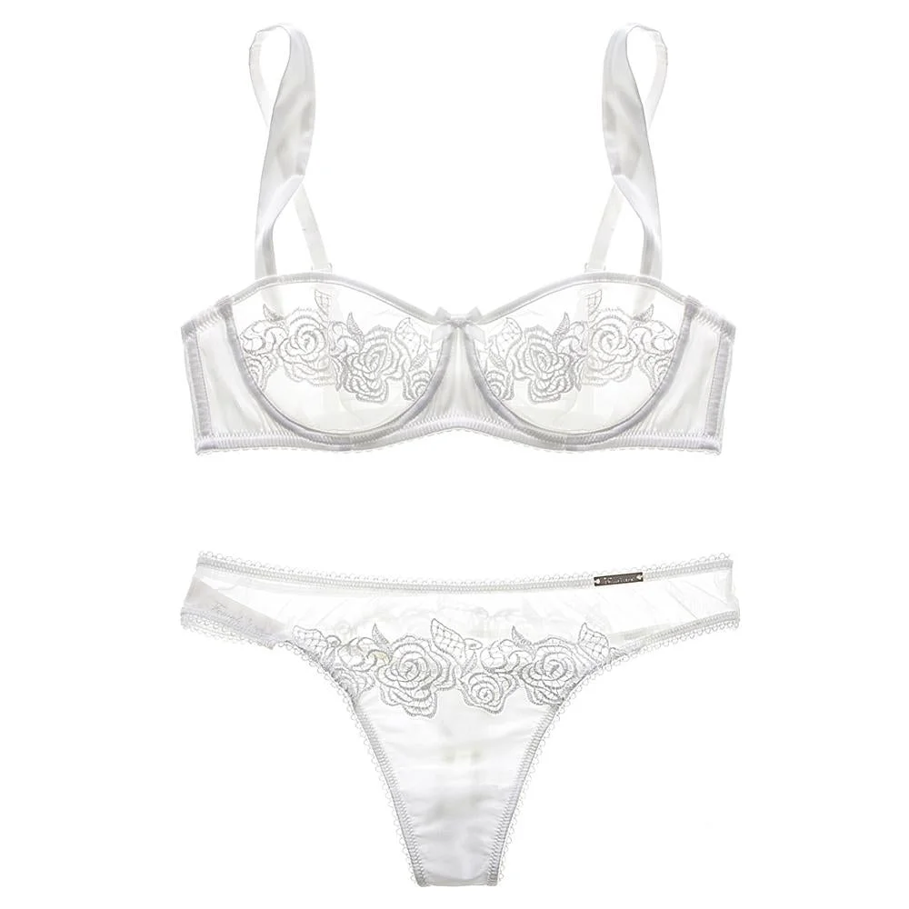 Embroidered lace perspective lingerie sexy half cup comfortable bra with brief set transparent ladies underwear large size