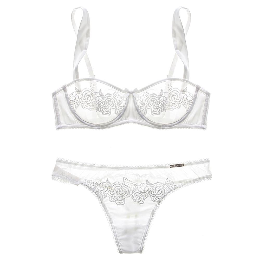 Embroidered lace perspective lingerie sexy half cup comfortable bra with brief set transparent ladies underwear large size