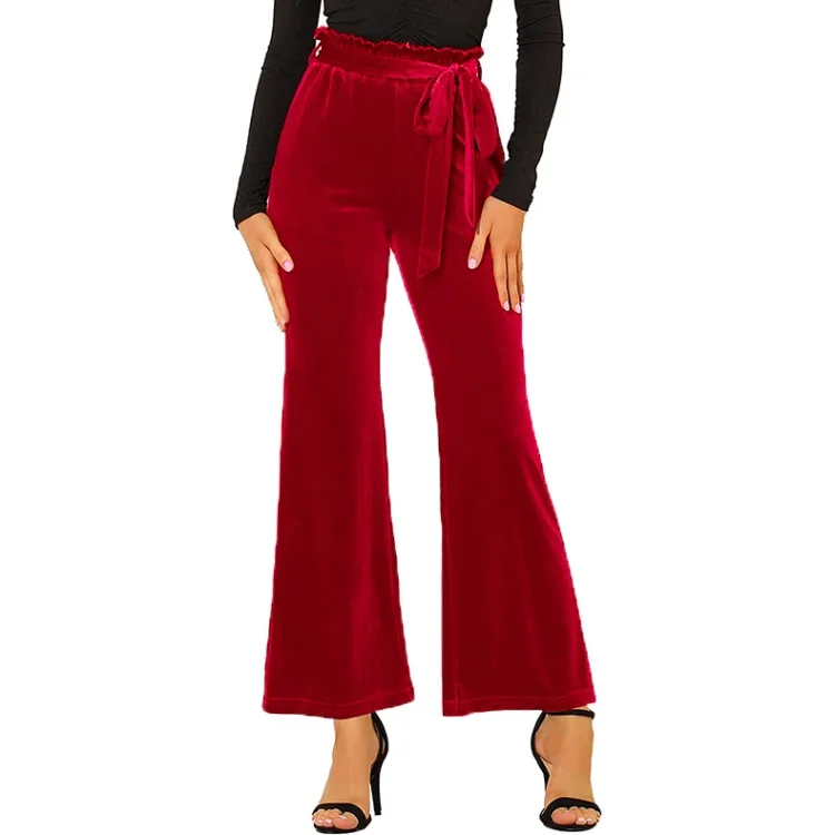 Women's Wide Leg Pants High Waist Velvet Belted Trousers