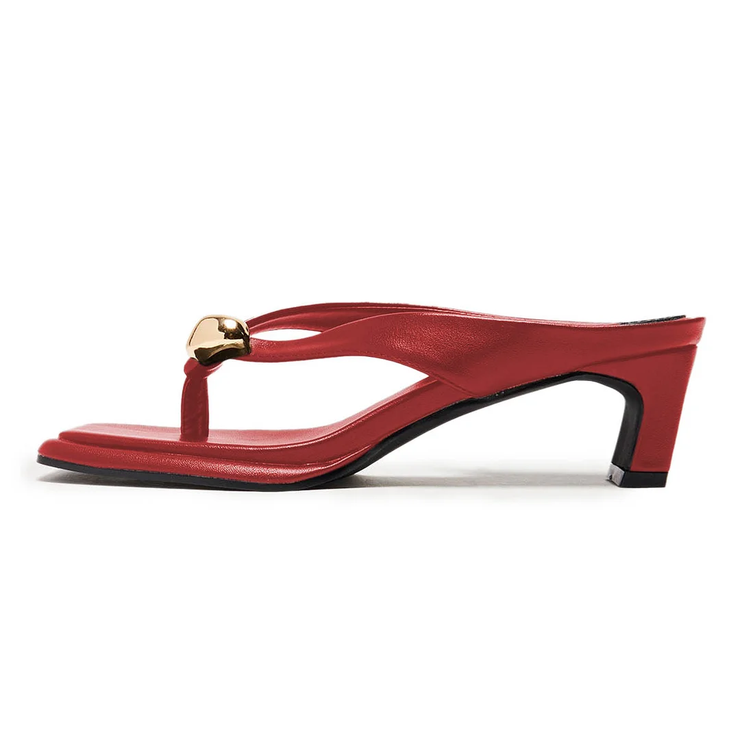 Red Open-Toe Flip Flop Chunky Heeled Sandals with Metal Accent
