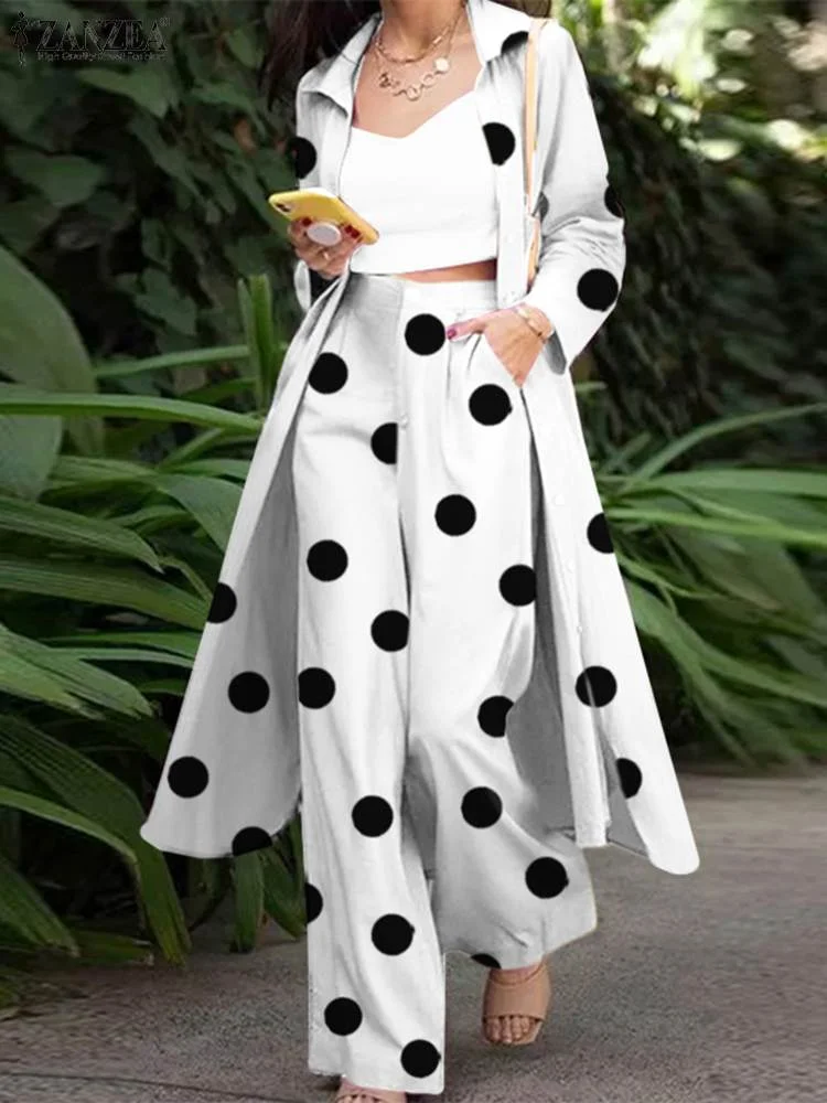 Fashion Women Urban Tracksuit 2PCS Spring Long Sleeve Blouse Wide Leg Trousers Suits ZANZEA Bohemian Polka Dot Pant Sets Loose