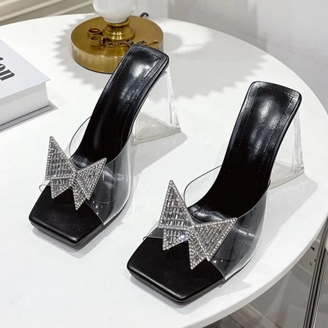 Fashion Rhinestone Bowtie Buckle Slippers Women Summer PVC Transparent Jelly Sandals Crystal Perspex Heels Ladies Dress Shoes