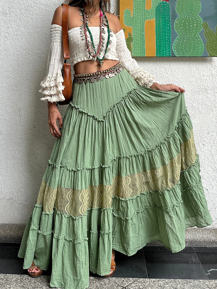 Casual High Waist Lace Patchwork Layered Maxi Skirt