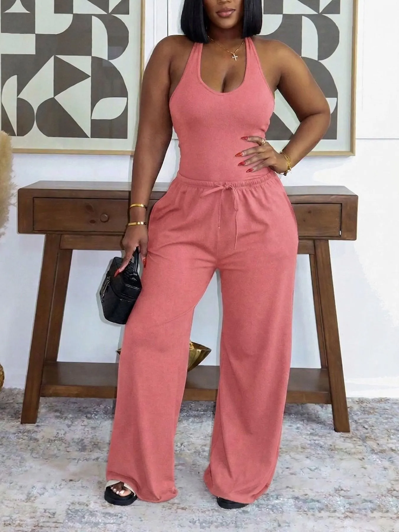 Summer New Women's Halter Neck Slimming Top & Wide-Leg Pants, Casual Backless Waist Cinch Crop Top & Drawstring Waist Pants, Womenswear