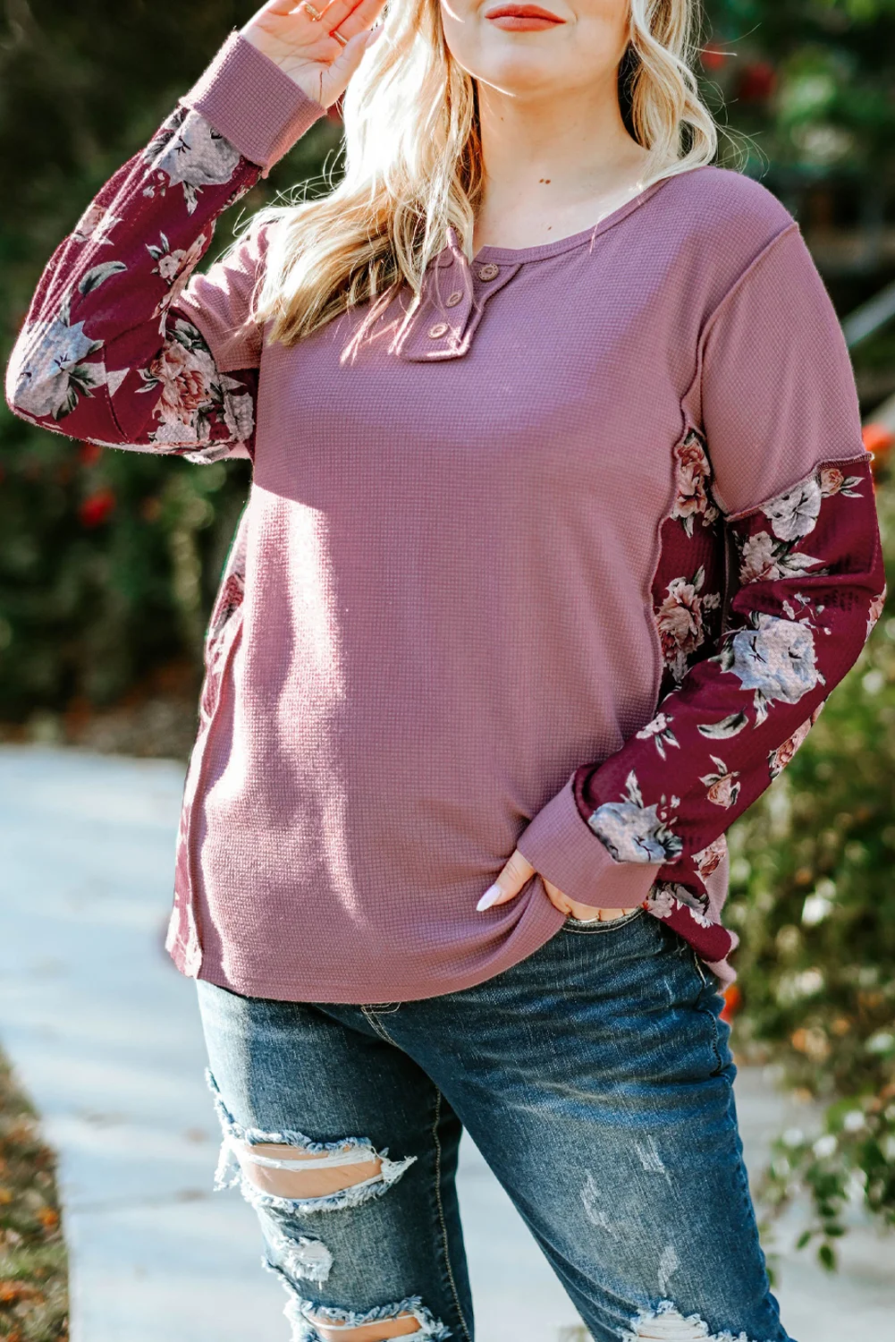 Purple Floral Accent Puff Sleeves Plus Size Thermal Top | IFYHOME