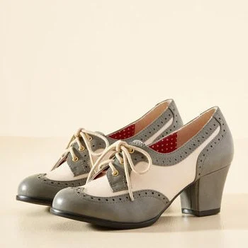 Grey and Ivory Wingtip Lace-up Vintage Oxfords with Block Heel Vdcoo