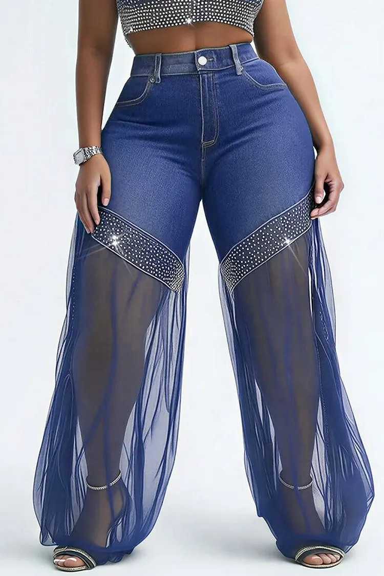 Xpluswear Design Plus Size Party Tulle Blue Drilling See Through Denim Jeans 2024 - Xpluswear