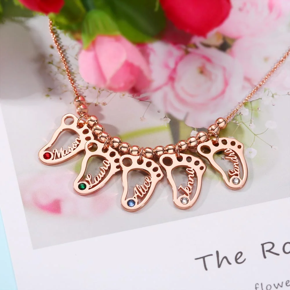 Personalized 1-10 Hollow BabyFeet Charms Name Necklace With Birthstone