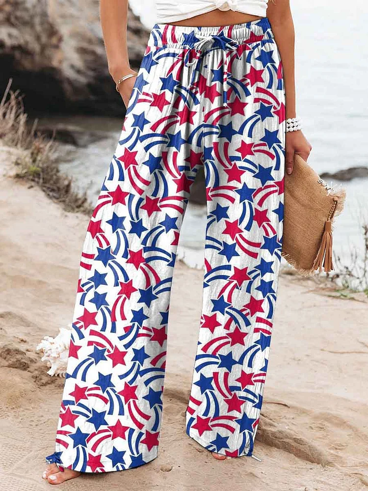Women's Independence Day Red White and Blue Star Element Print Cotton And Linen Casual Pants