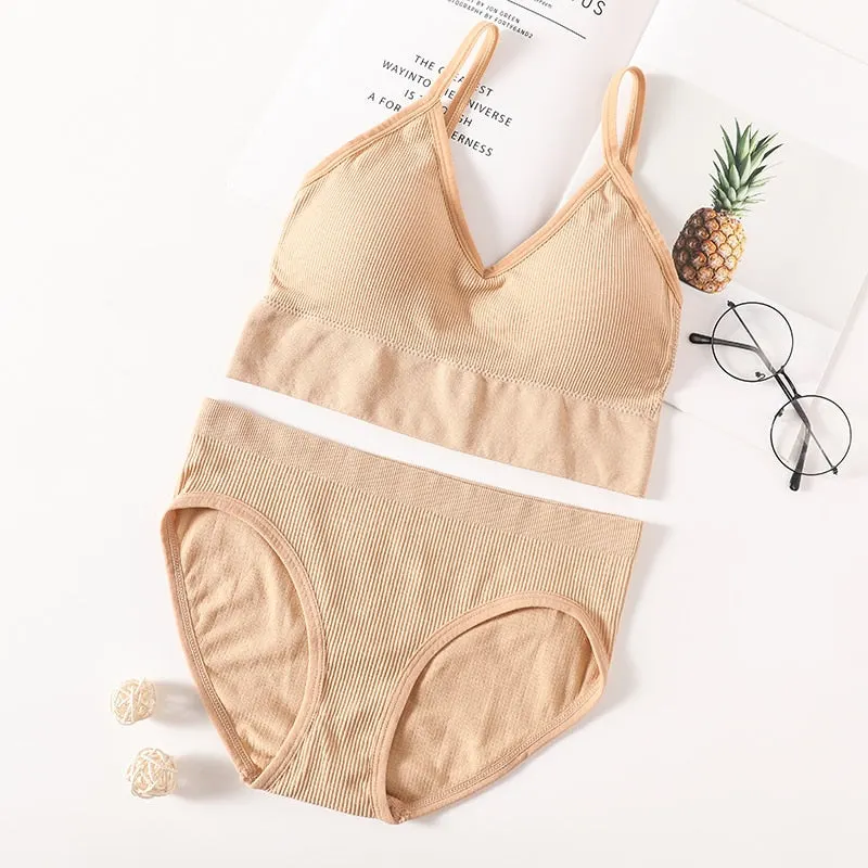 Women Bra Panties Set Seamless Bra Brief Cropped Cami Bralette Crop Top Brassieres Sexy Lingerie Active Bra Sport Underwear Set
